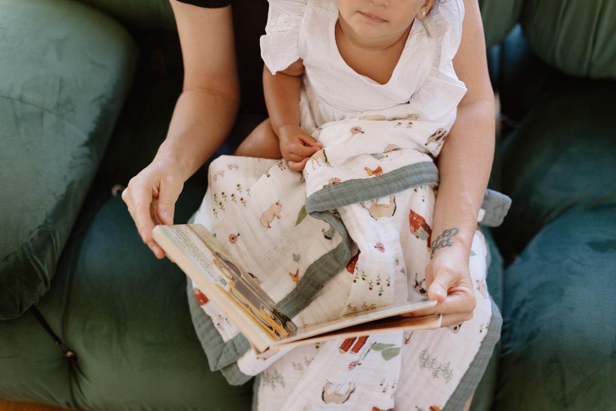 Little Unicorn Cotton Muslin Baby Quilt (30"x40") / Farmyard