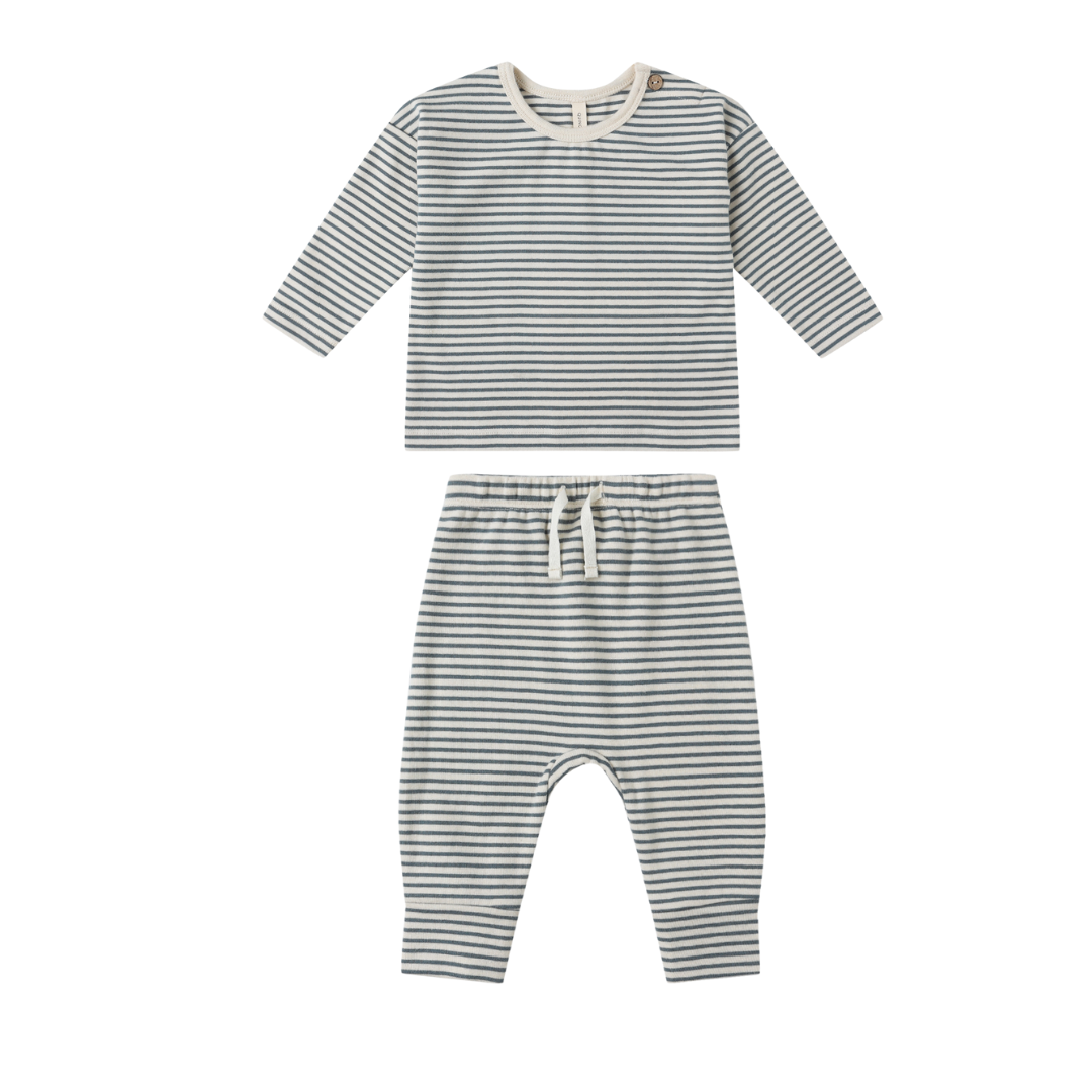 Quincy Mae Tee & Drawstring Pant Set / Ocean Micro Stripe