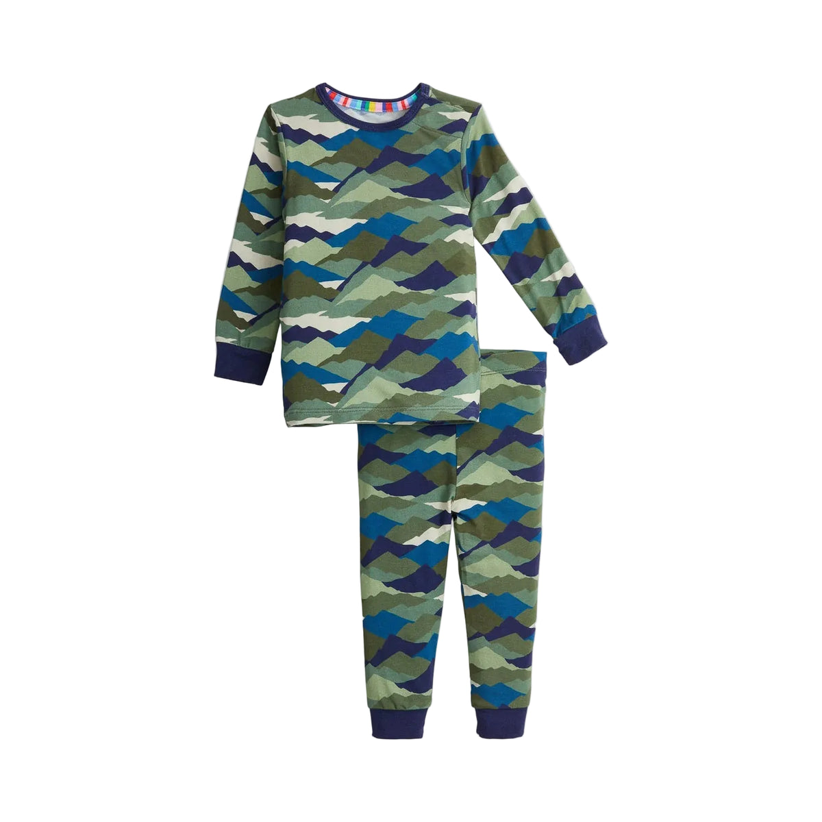 A two-piece children's pajama set featuring a long-sleeve top and matching pants with a geometric mountain camouflage pattern in shades of green, blue, and navy, finished with solid navy ribbed cuffs and collar.