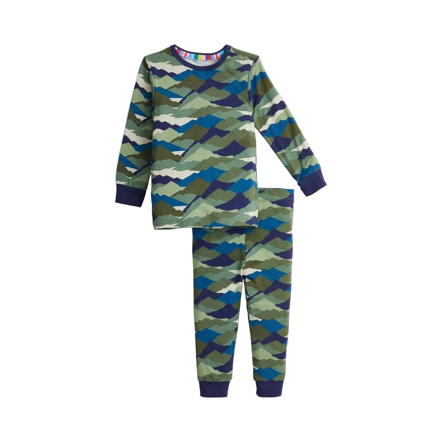 A two-piece children's pajama set featuring a long-sleeve top and matching pants with a geometric mountain camouflage pattern in shades of green, blue, and navy, finished with solid navy ribbed cuffs and collar.