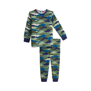 A two-piece children's pajama set featuring a long-sleeve top and matching pants with a geometric mountain camouflage pattern in shades of green, blue, and navy, finished with solid navy ribbed cuffs and collar.
