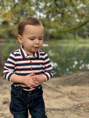 Me & Henry Seymour Pique Onesie / Navy, Rust & Cream Stripe