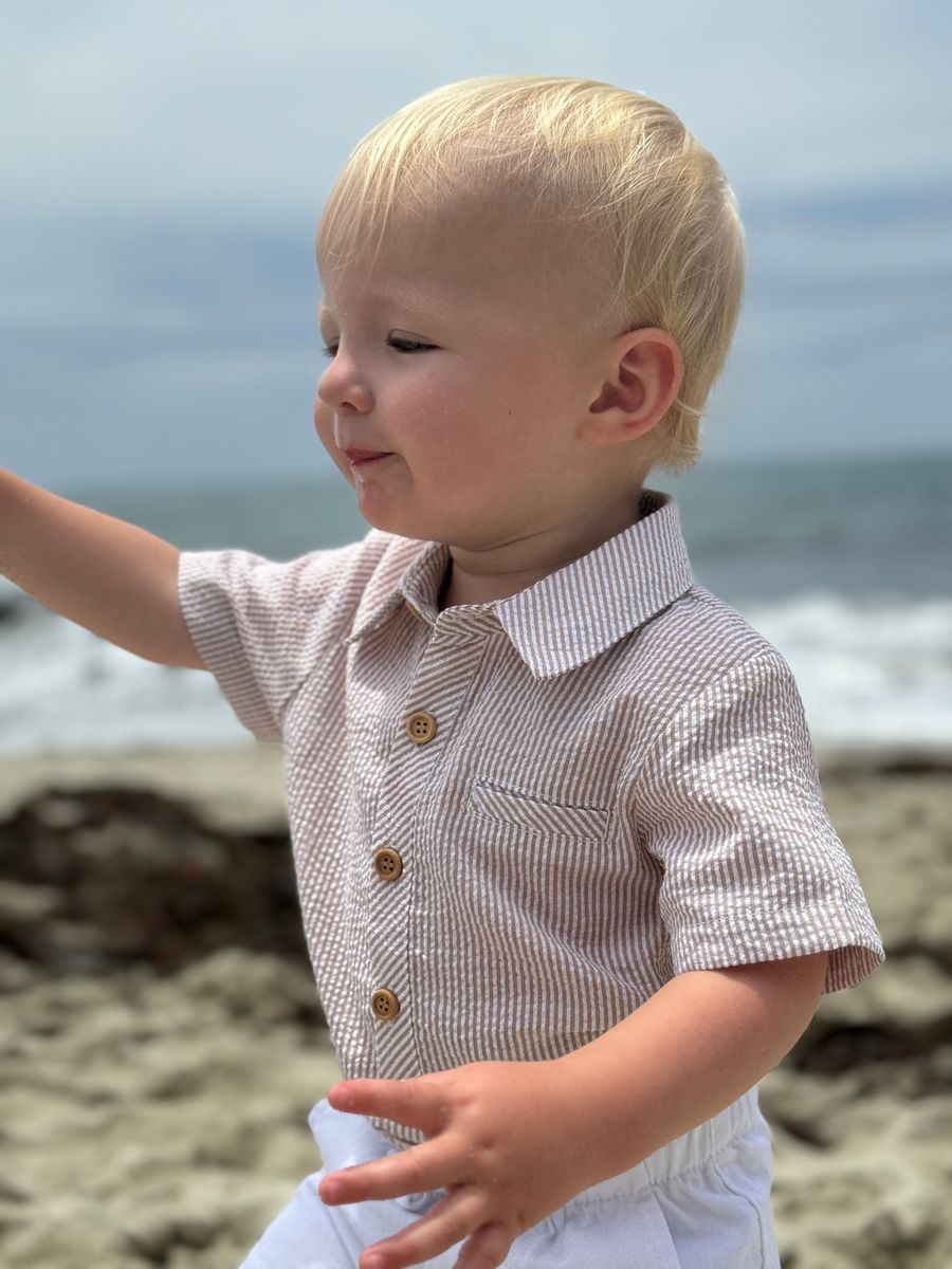 Me & Henry Helford Woven Onesie / Cream Stripe Seersucker