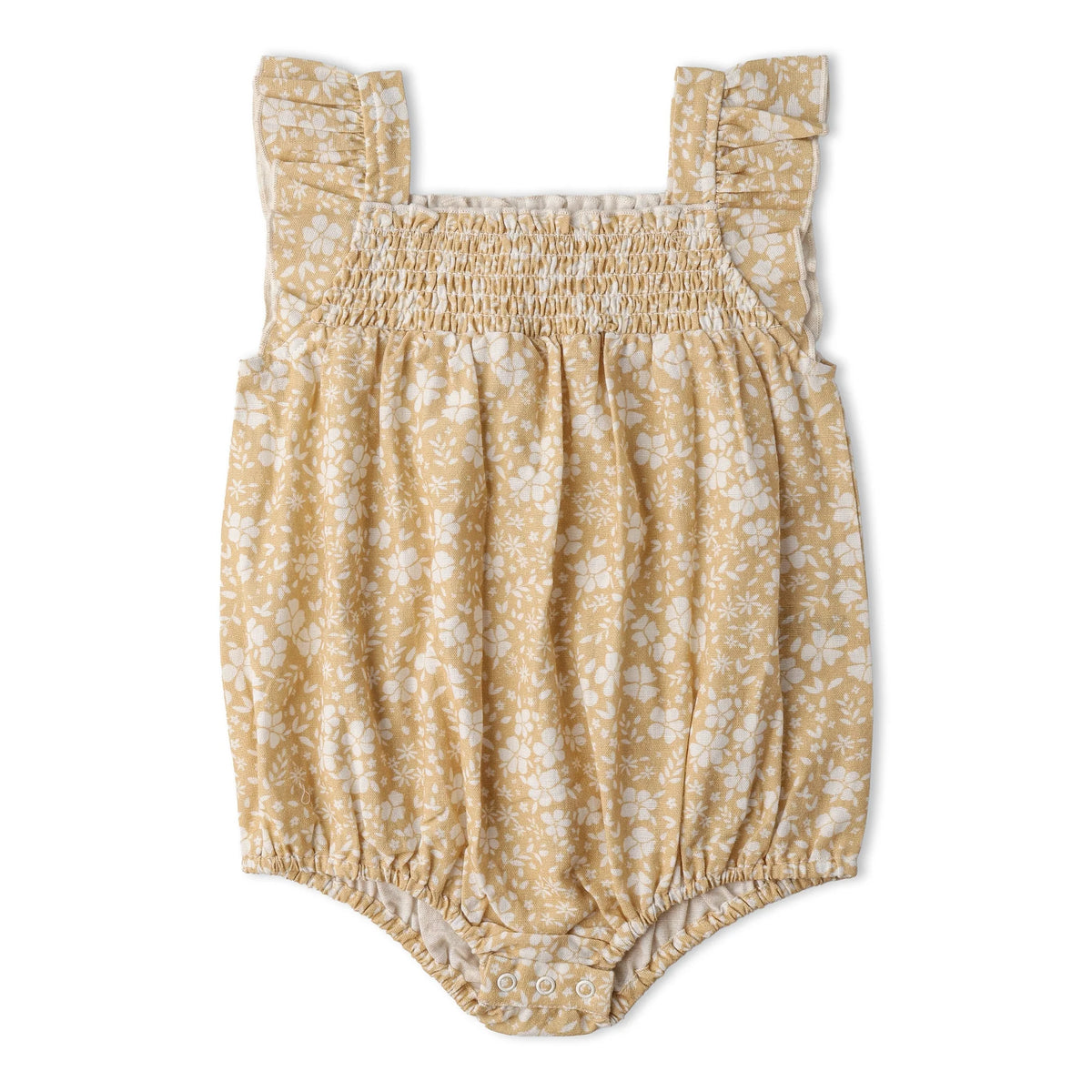Organic Sleeveless Ruffle Bubble Romper / Yellow Blossom