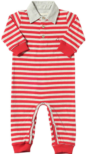 Me & Henry Kingston Polo Romper / Red & Beige Stripe