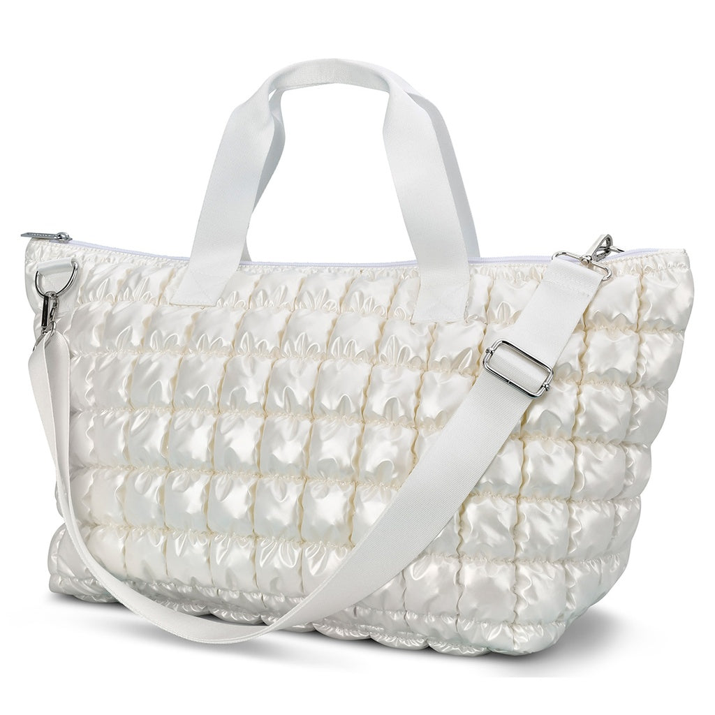 Pearl White Shiny Puffer Overnight Bag