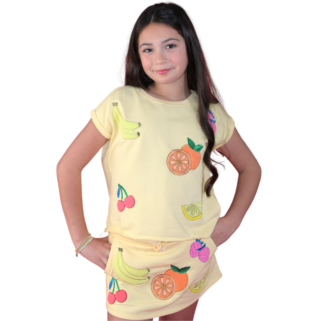 Chenille Embroidered Fruits Top + Skort Set