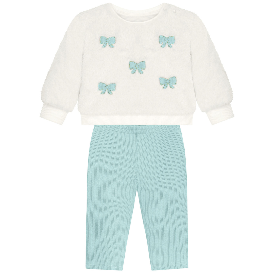 Off White & Mint Bow Sweater & Pants Set