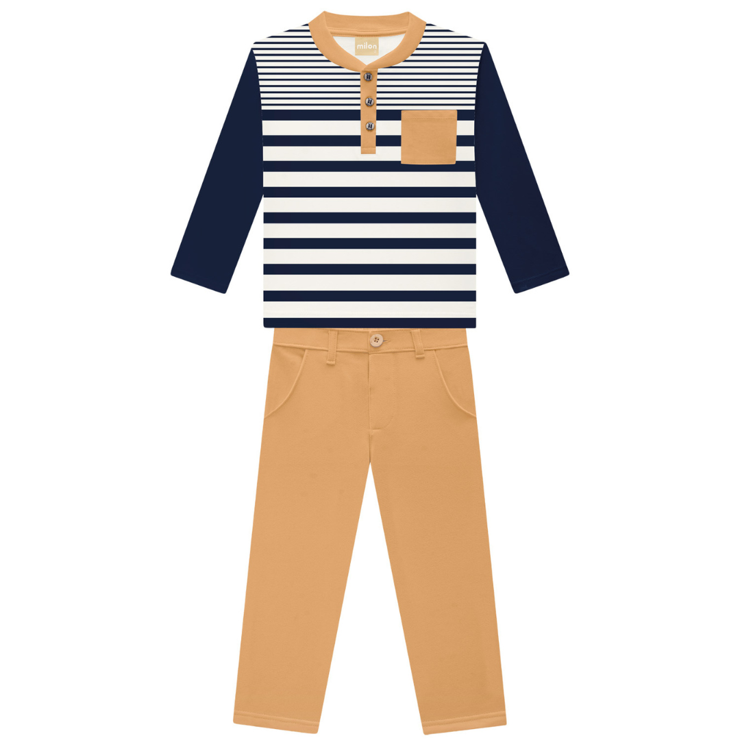 Long Sleeve Navy Striped Pocket Tee + Pant Set