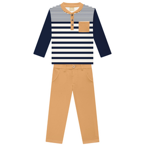 Long Sleeve Navy Striped Pocket Tee + Pant Set