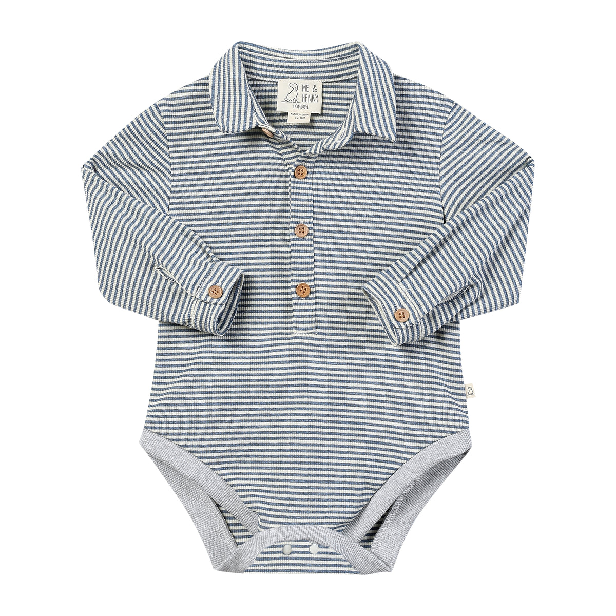 Me & Henry Ripley Polo Onesie  / China & Cream Ribbed Stripe