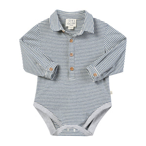 Me & Henry Ripley Polo Onesie  / China & Cream Ribbed Stripe
