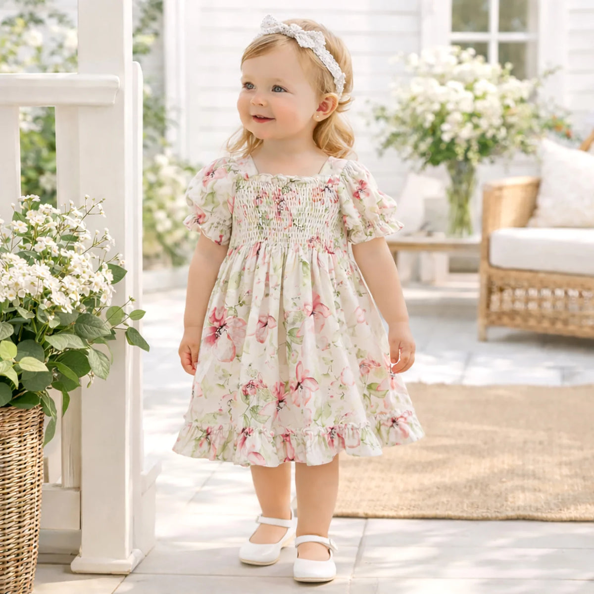 Blush Bouquet Smocked Bodice Elbow Puff Sleeve Dress