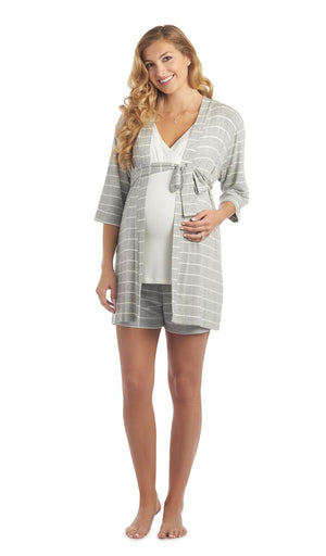 Everly Grey Adaline 3-Piece Short PJ Set / Heather Grey Stripe