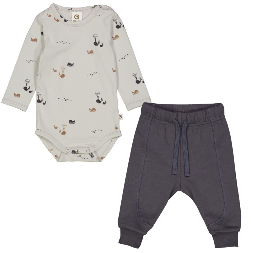 Muesli Whale Print Bodysuit + Navy Cozy Me Pants Set