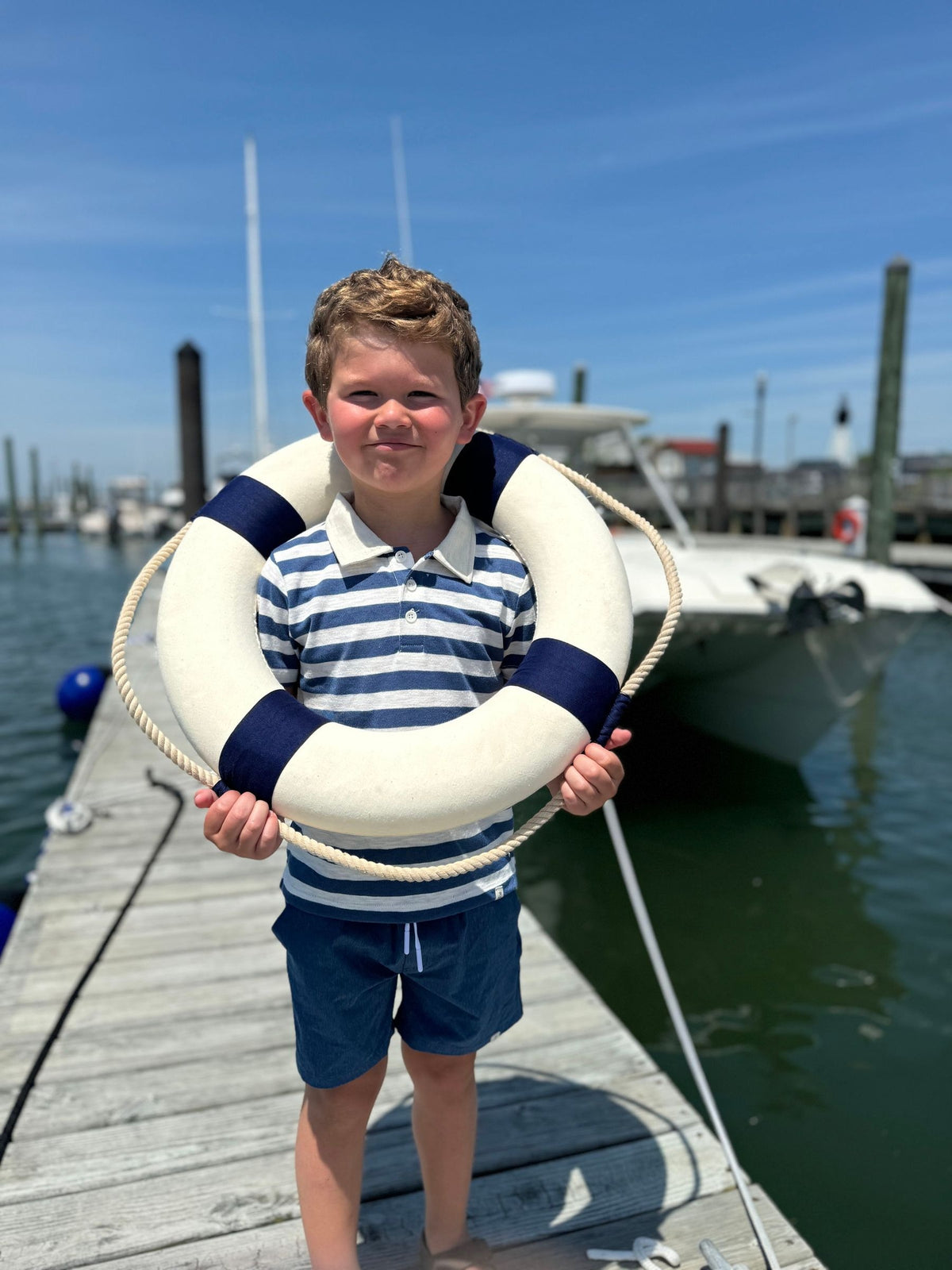 Me & Henry Anchor Polo / Navy & White Stripes