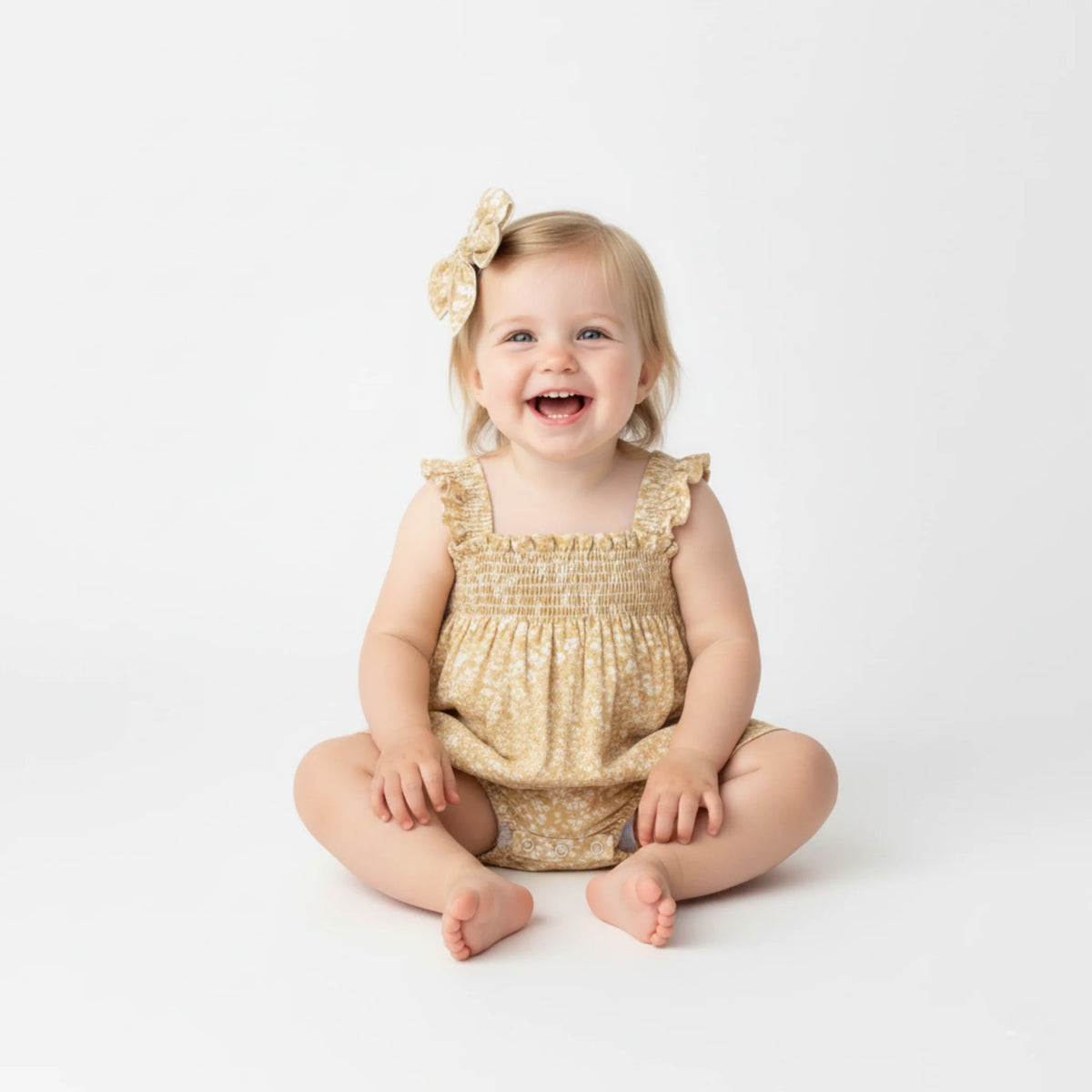 Organic Sleeveless Ruffle Bubble Romper / Yellow Blossom