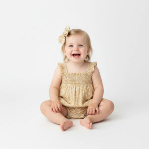 Organic Sleeveless Ruffle Bubble Romper / Yellow Blossom