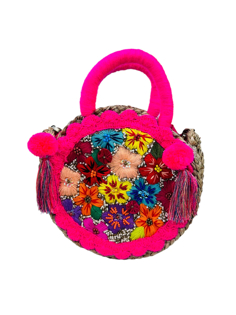 Bela & Nuni Round Rattan Bag / Pink Flowers