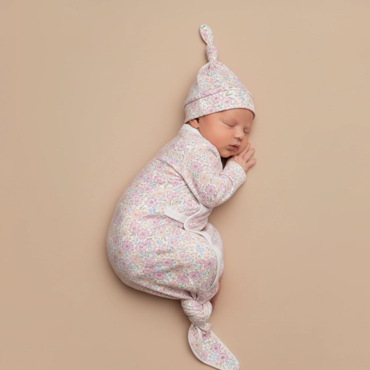 Organic Kimono Knotted Sleep Gown & Hat Set / Peony