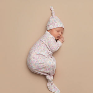 Organic Kimono Knotted Sleep Gown & Hat Set / Peony
