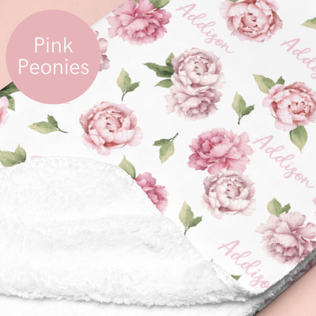 Sherpa-Lined Personalized Blanket | Peonies