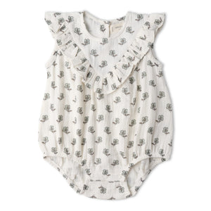 Organic Sleeveless Ruffle Bubble Romper / Poppy