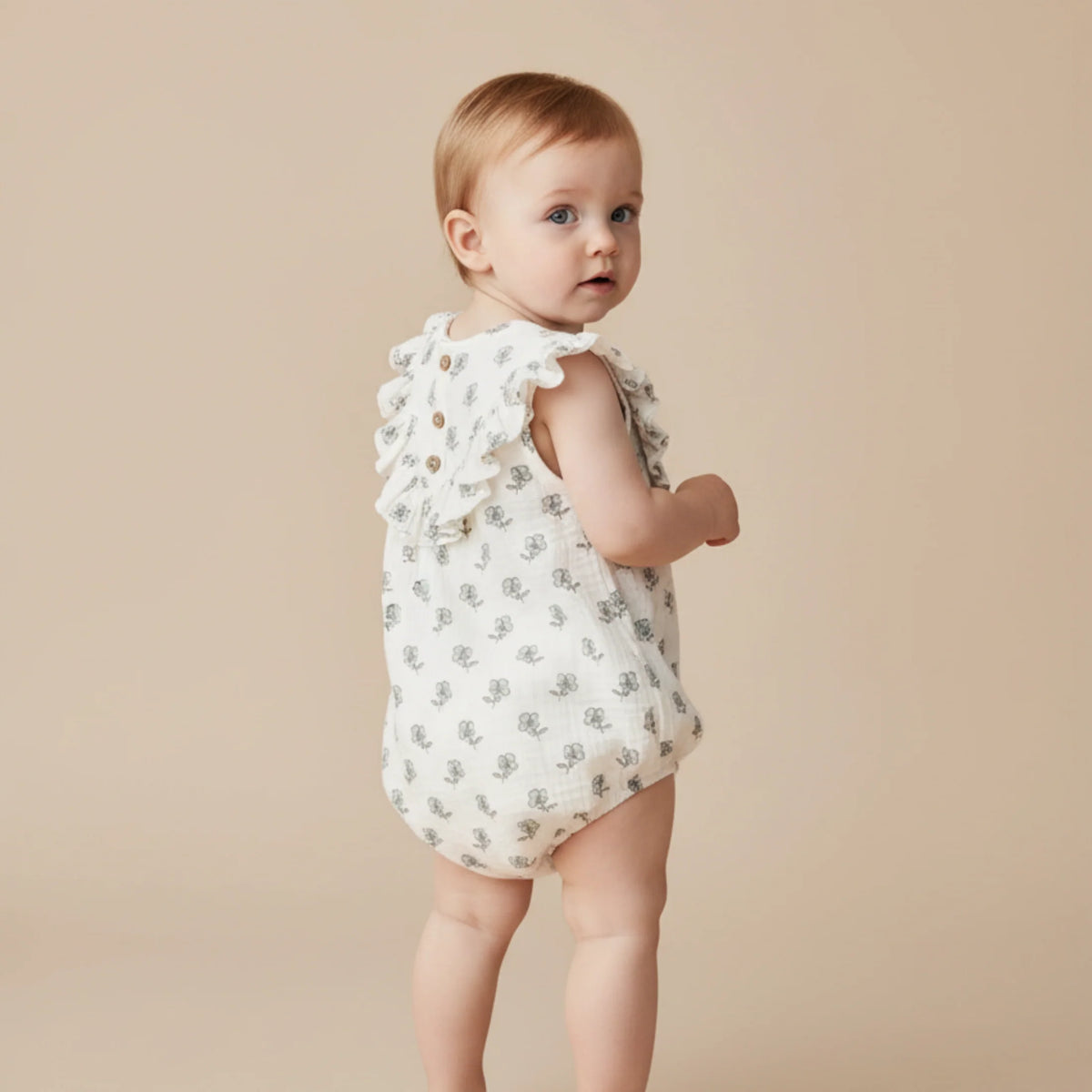 Organic Sleeveless Ruffle Bubble Romper / Poppy
