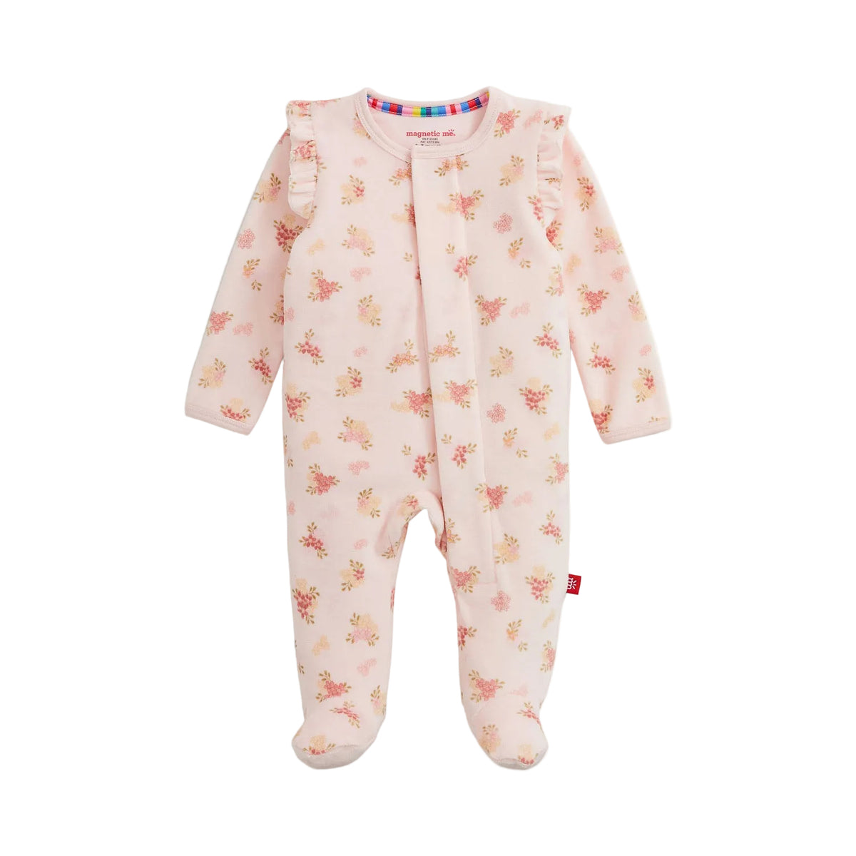 Baby footie with floral pattern on a white background