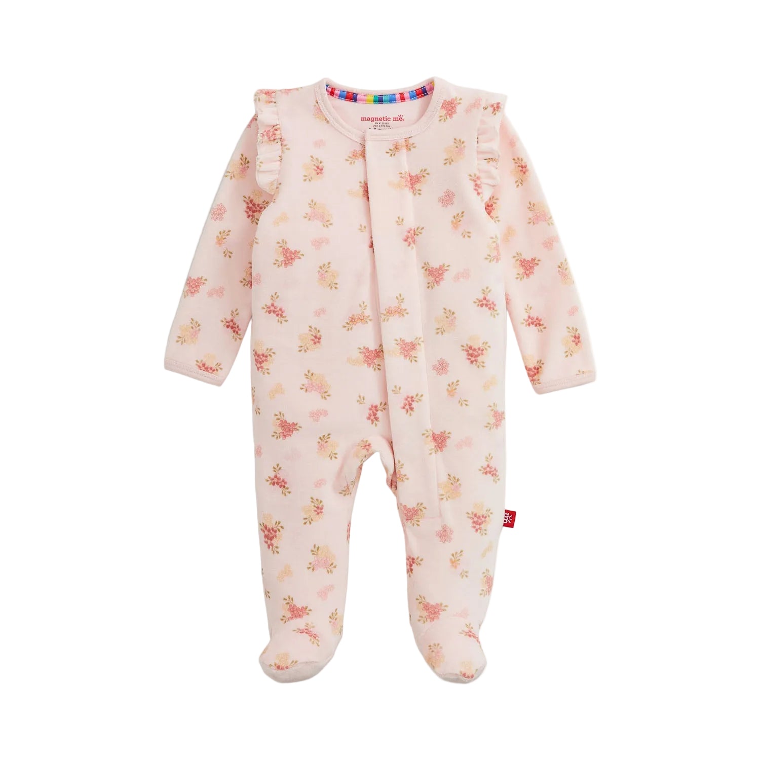 Baby footie with floral pattern on a white background