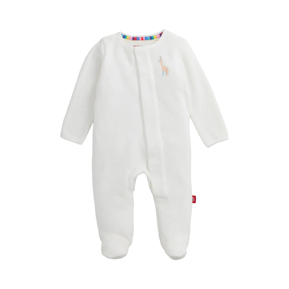 A white long-sleeve baby footed sleeper with a small embroidered giraffe on the chest, shown against a light off-white background.