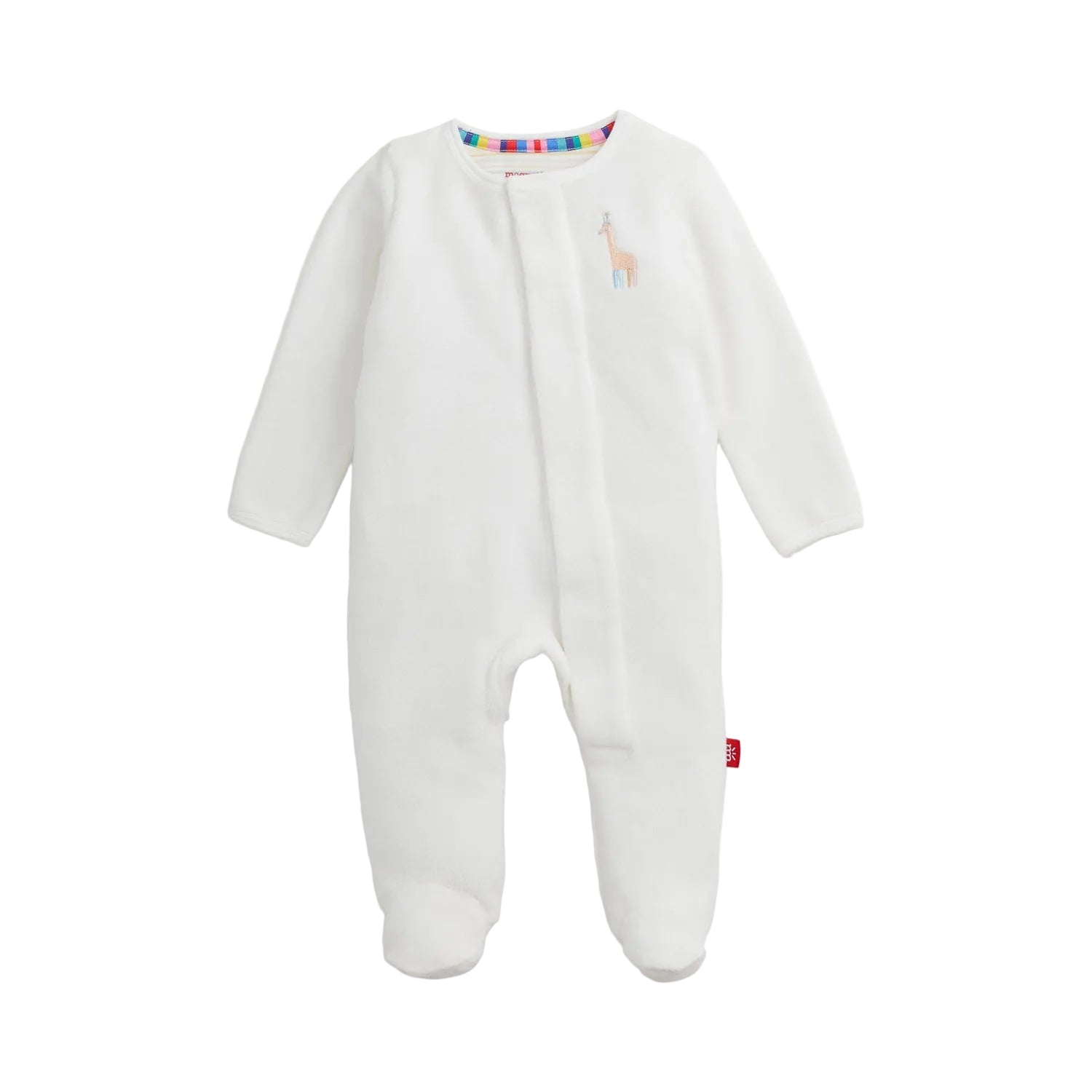 A white long-sleeve baby footed sleeper with a small embroidered giraffe on the chest, shown against a light off-white background.