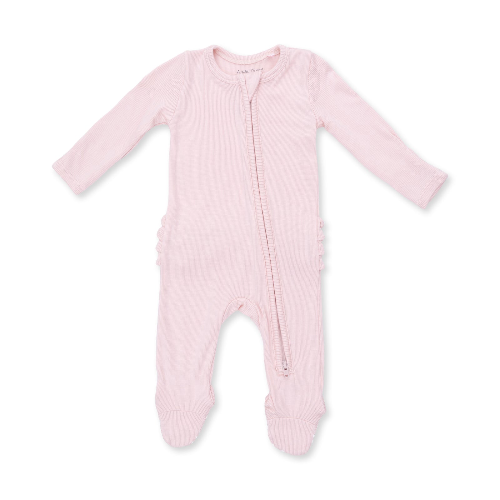 Solid Veiled Pink Rib 2 Way Ruffle Back Zipper Footie