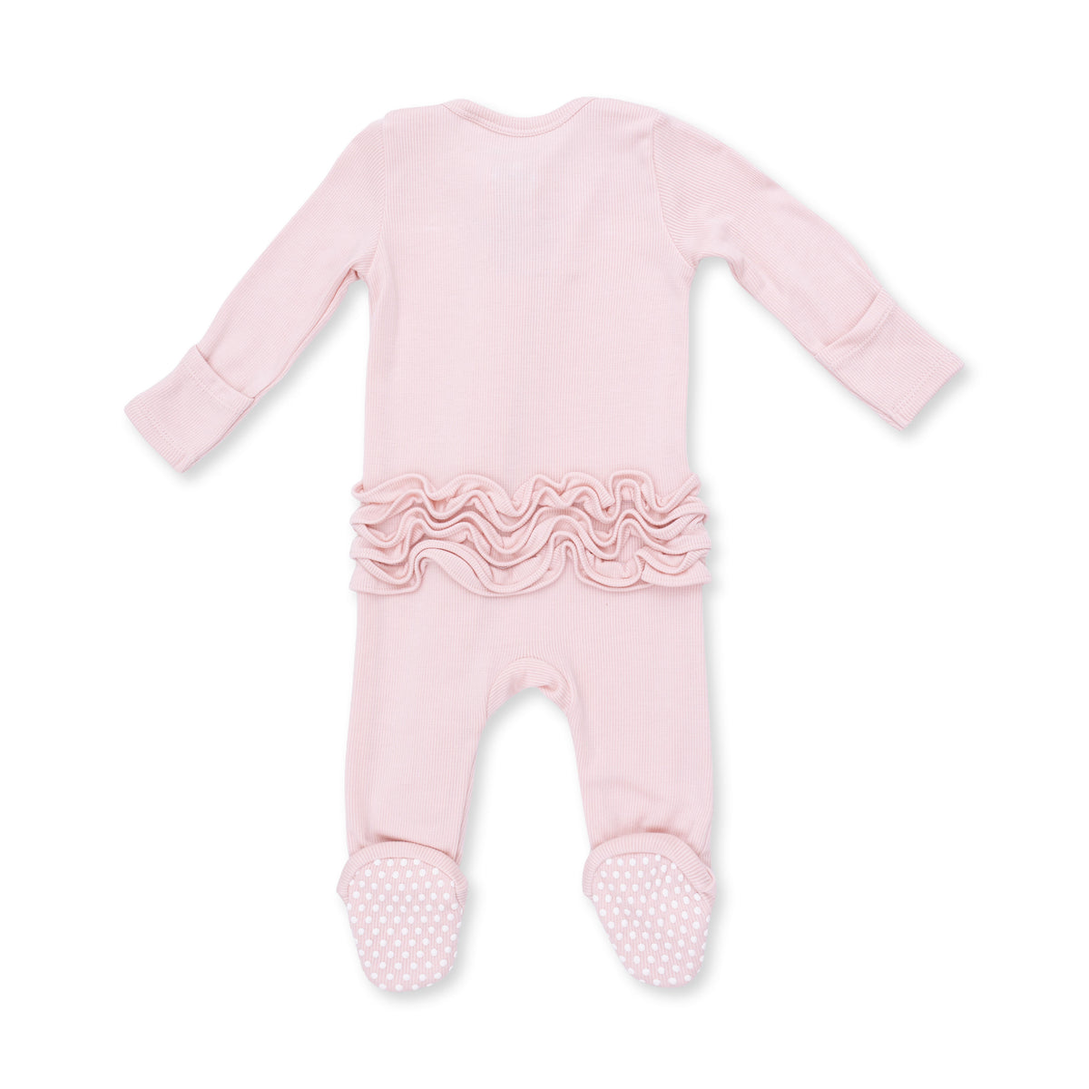 Solid Veiled Pink Rib 2 Way Ruffle Back Zipper Footie