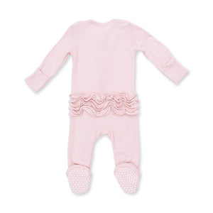 Solid Veiled Pink Rib 2 Way Ruffle Back Zipper Footie