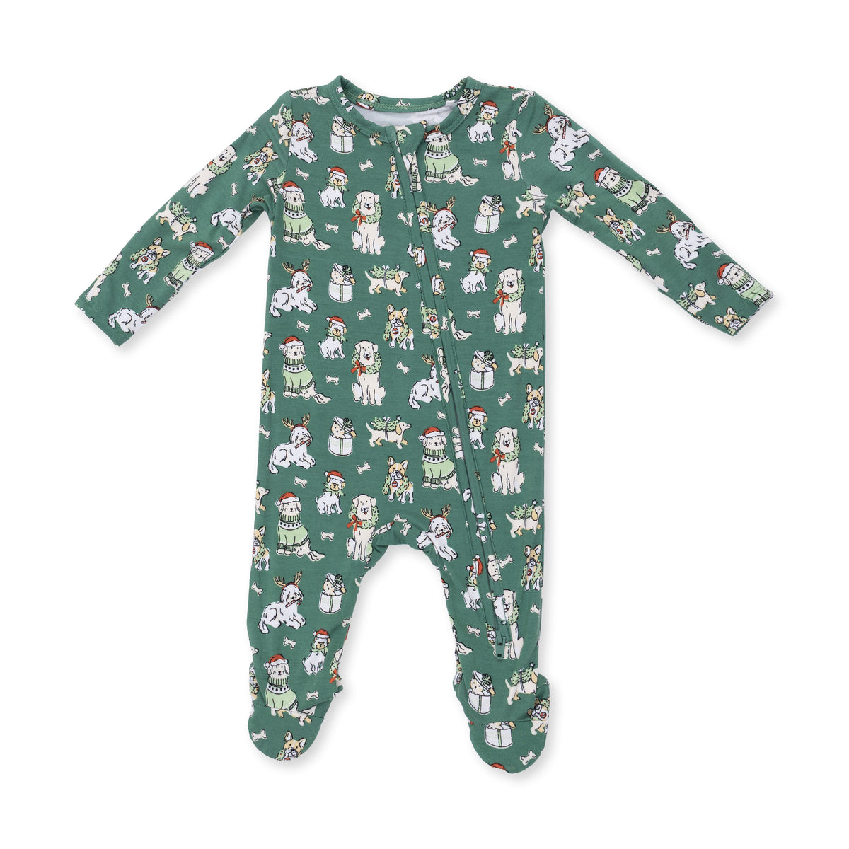 Green Christmas Dogs 2 Way Zipper Footie