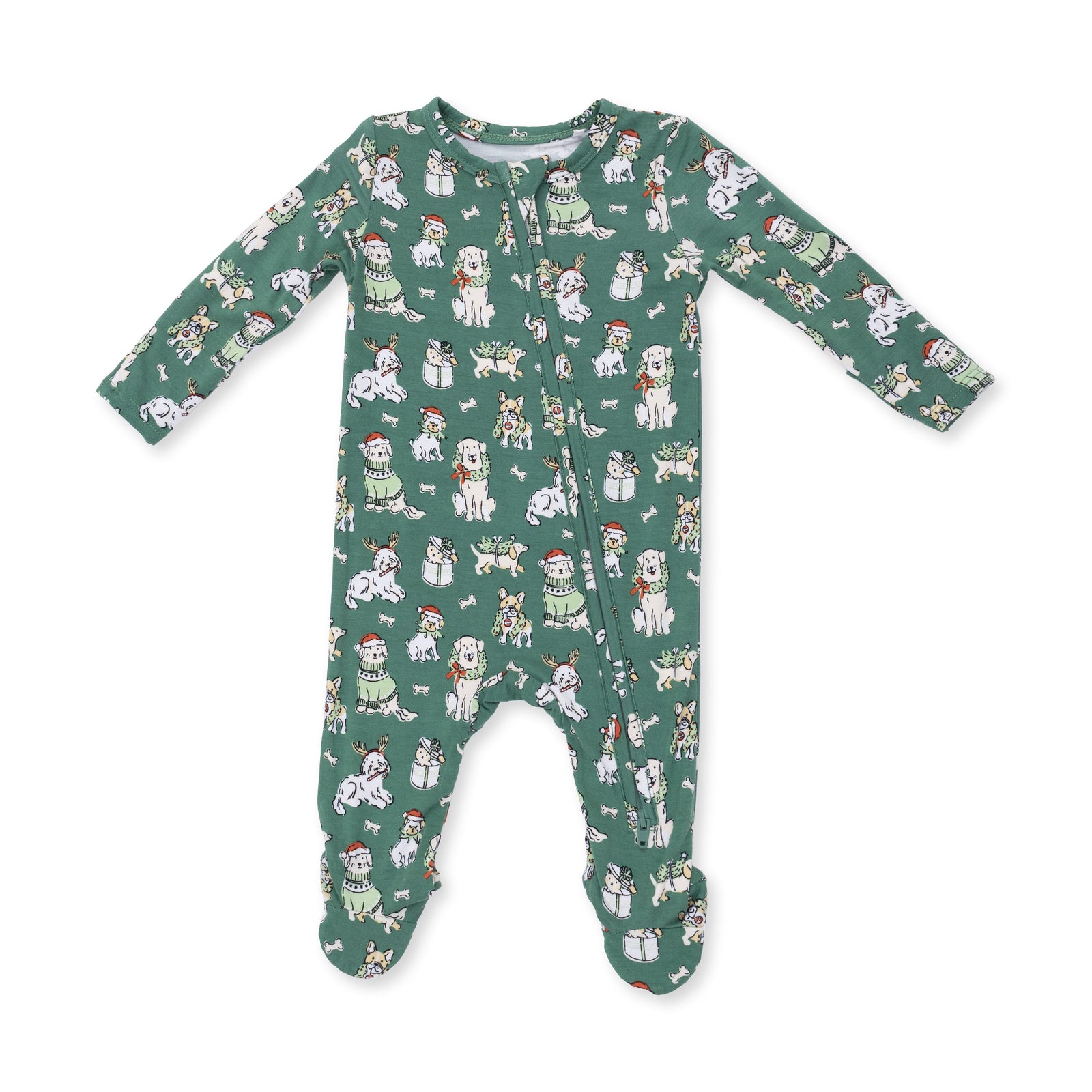 Green Christmas Dogs 2 Way Zipper Footie