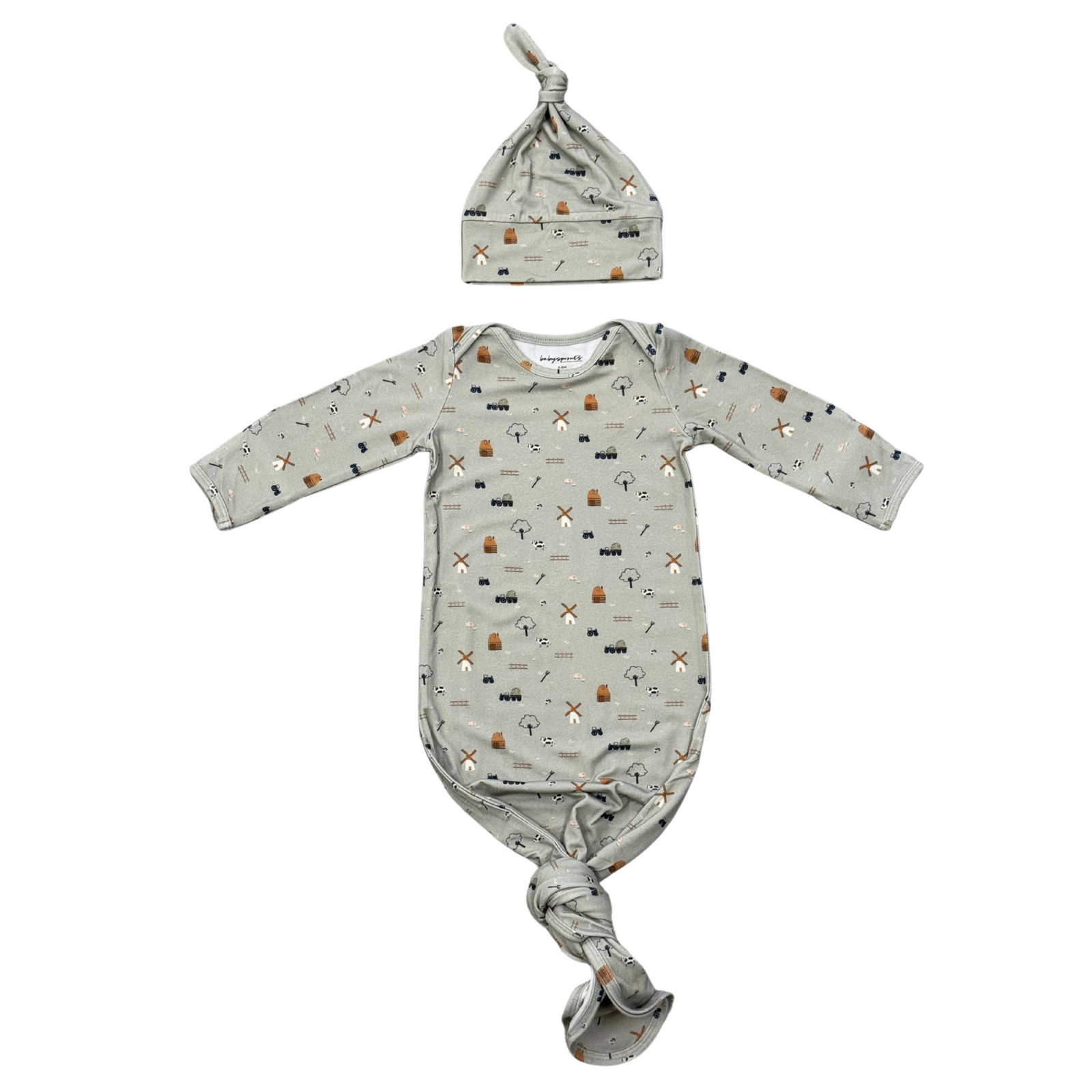 Babysprouts Knotted Gown & Hat Set / Farm