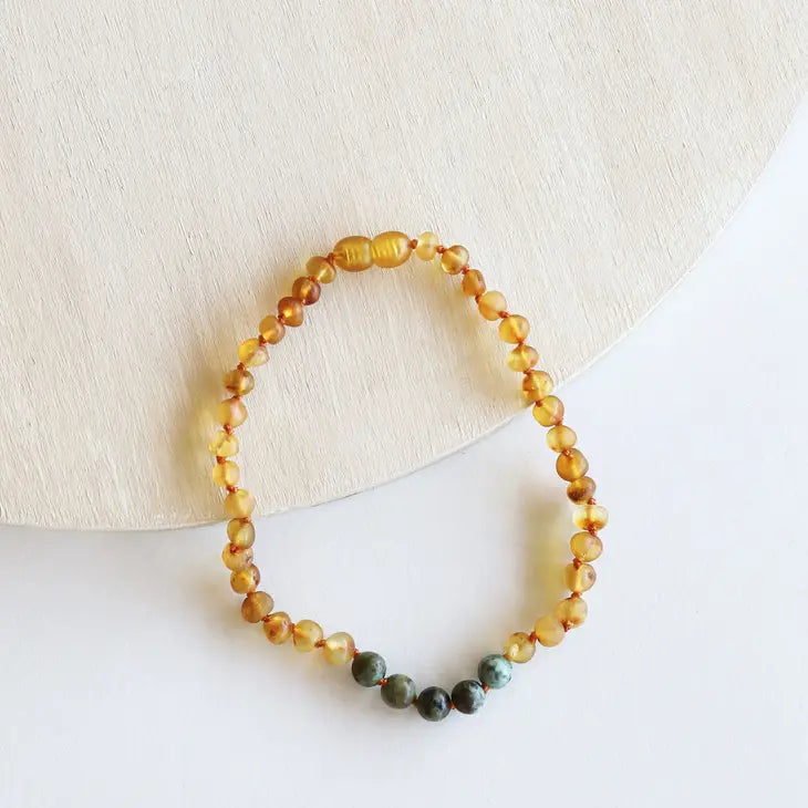 Canyon Leaf Necklace / Raw Honey Amber + Round Turquoise Jasper