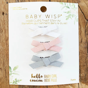 Suede Tiny Wisp Clip Bow Set / White, Pink, Grey