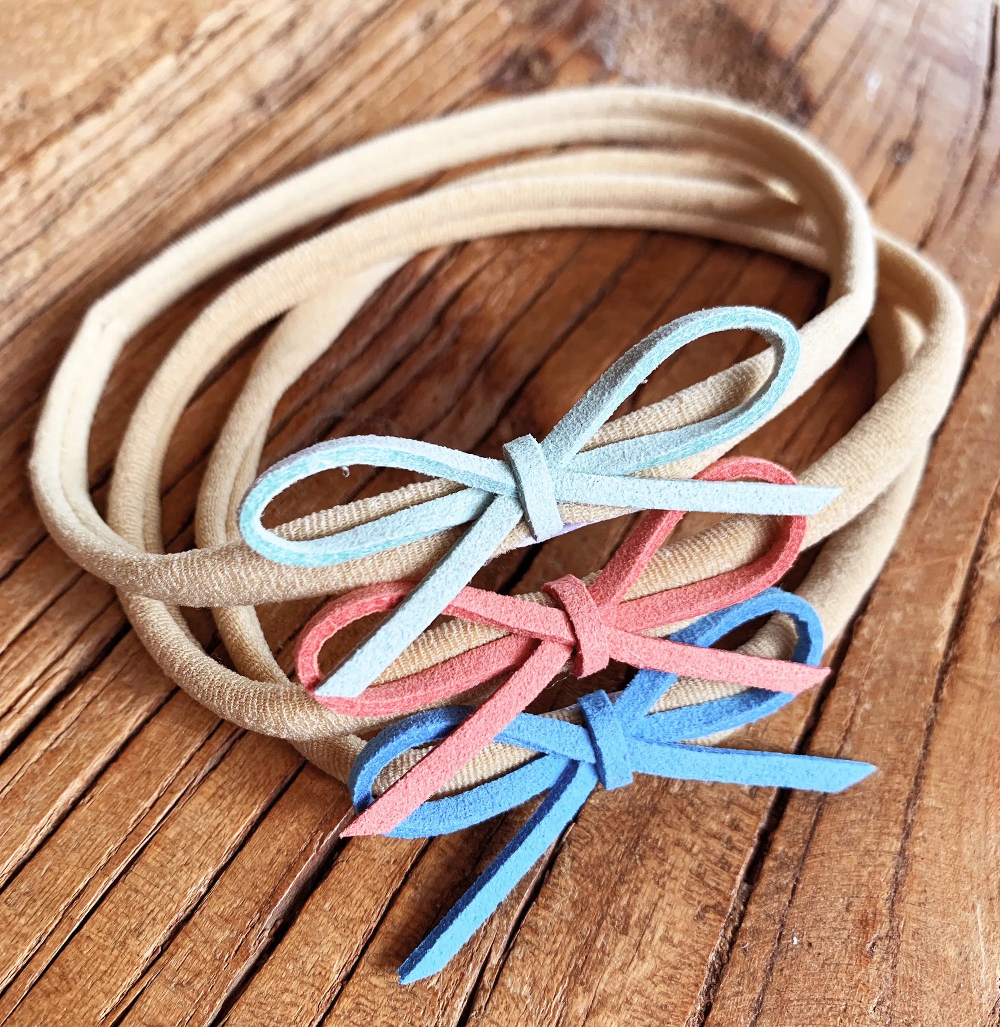 Baby Wisp Suede Cord Hand Tied Bow Headband Set / Mint, Peach & Light Blue