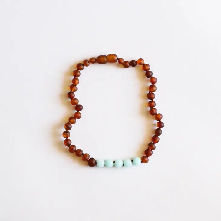 Canyon Leaf Raw Cognac Amber + Amazonite Necklace