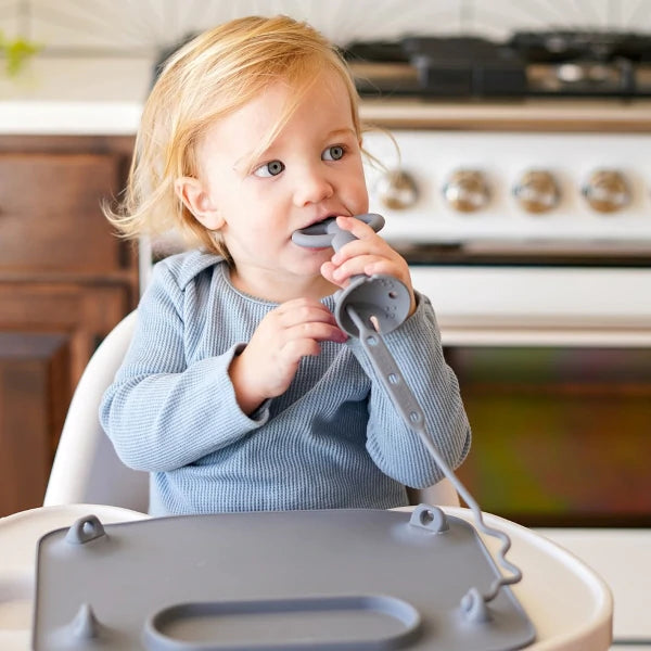 Busy Baby Bungee Bib & Utensil Set Pewter