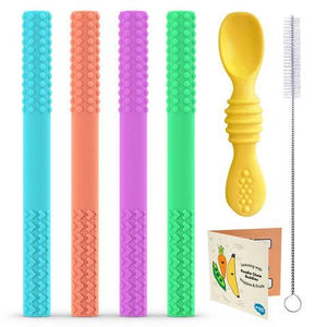 Senso Minds Sensory Teether Tube 4 Pack + Spoon, Brush & Kids Book***