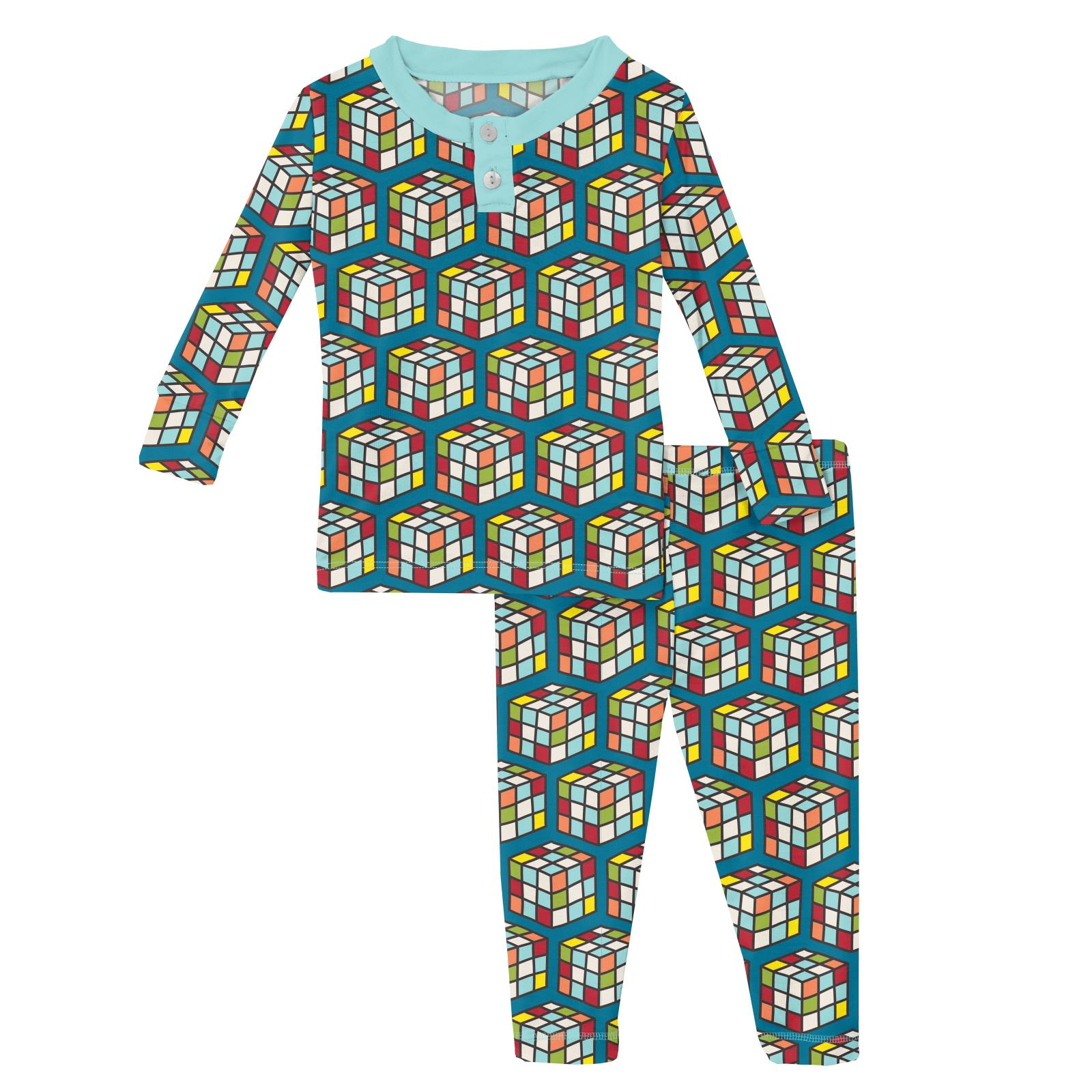 KicKee Pants Print Long Sleeve Henley Pajama Set / Cerulean Blue Puzzle Cube