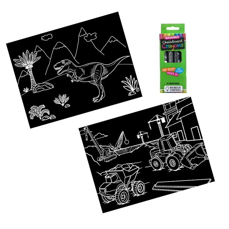 Chalkboard Travel Mat Set with Crayons / Dino & Construction - 9"x12"