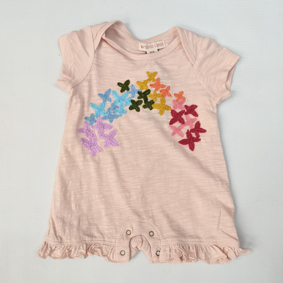 Mimi & Maggie Butterfly Rainbow Romper in Blush - 12-18 Months
