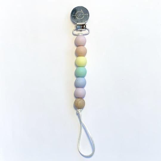 Sugar + Maple Silicone & Wood Pacifier Clip / Pastel Rainbow