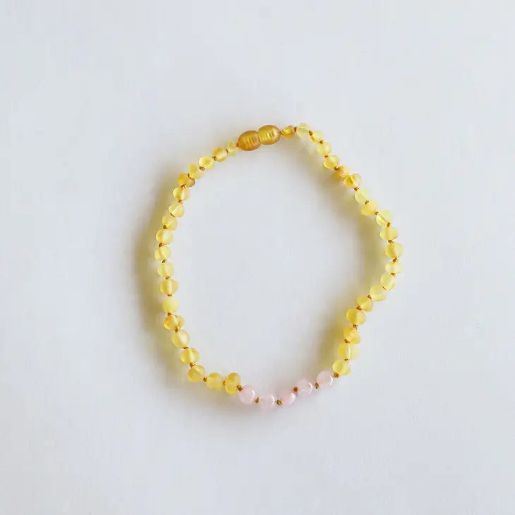 Canyon Leaf Raw Honey Amber + Rose Quartz Necklace