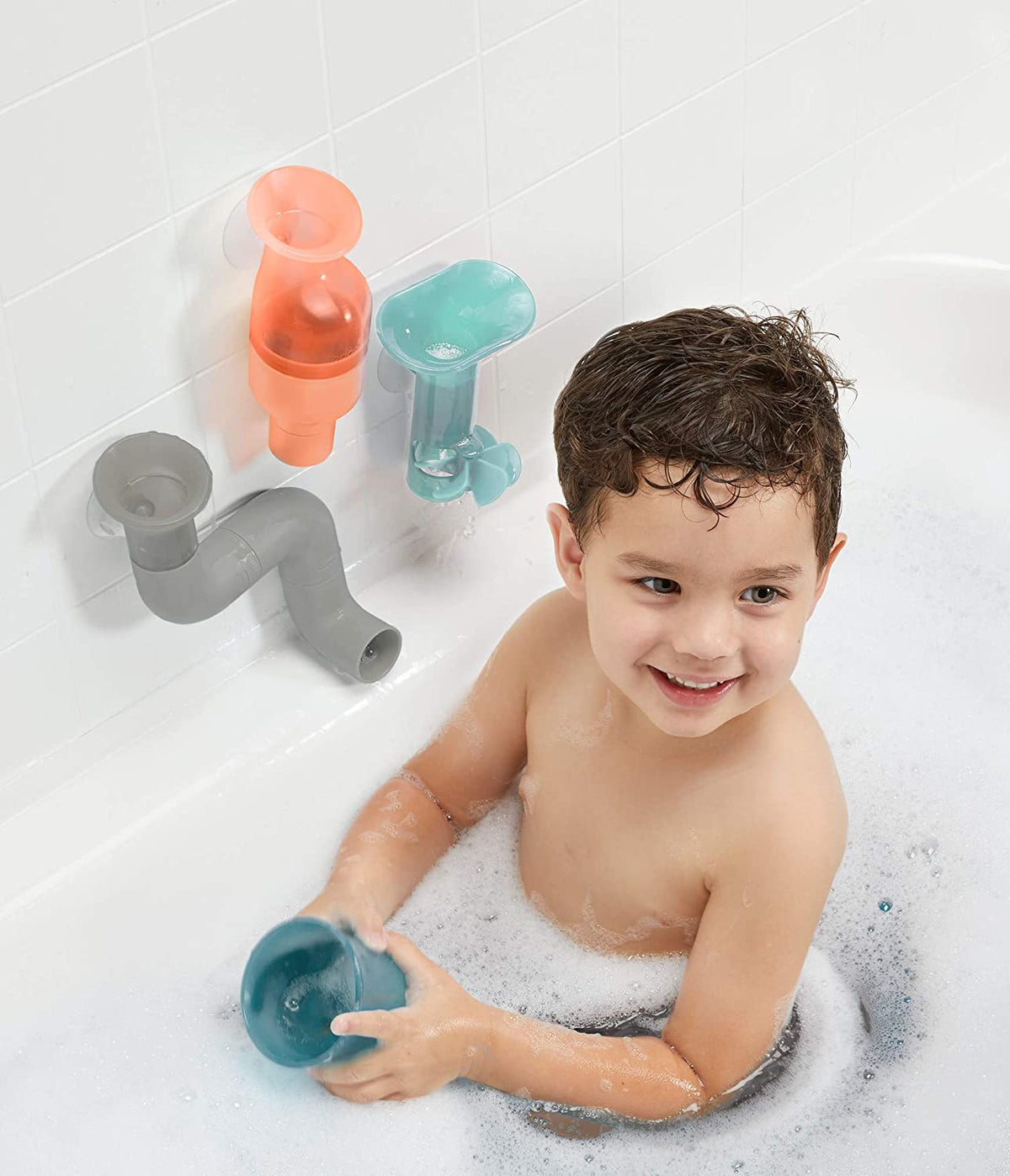 Boon Tubes Building Bath Toy / Gray, Aqua & Peach